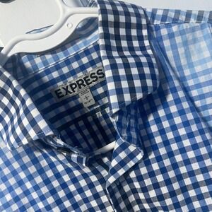 Express Mens Blue White Gingham Check Long Sleeve Button Up Dress Shirt Large